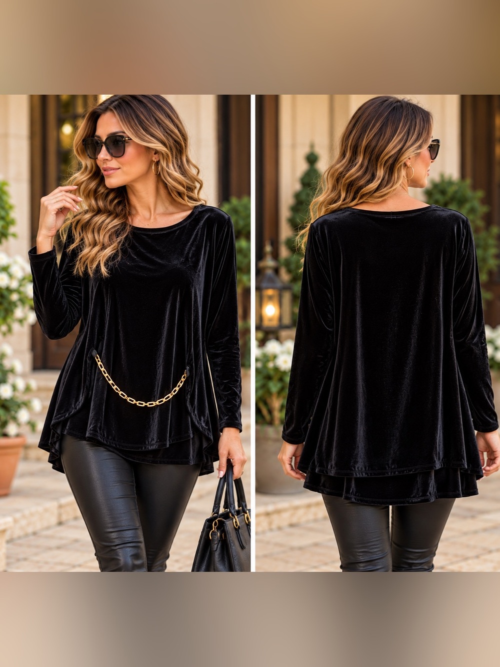 Erena NWT Stretch Black Velvet Layered Gold Chain Top 1X